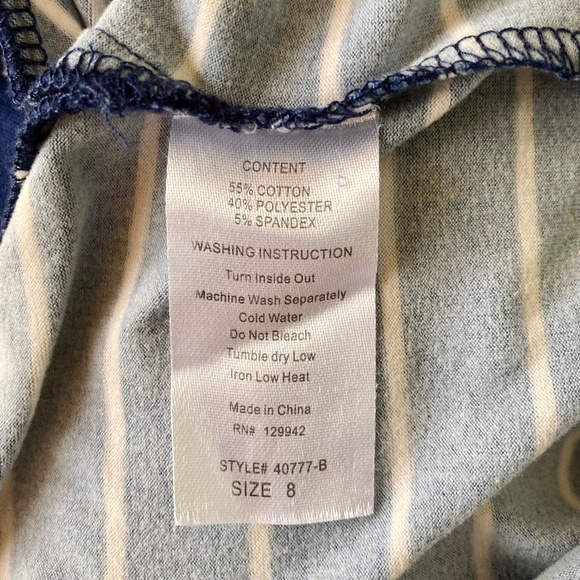 Girls size 8 Btween navy blue and white striped long sleeved top with - Picture 4 of 5